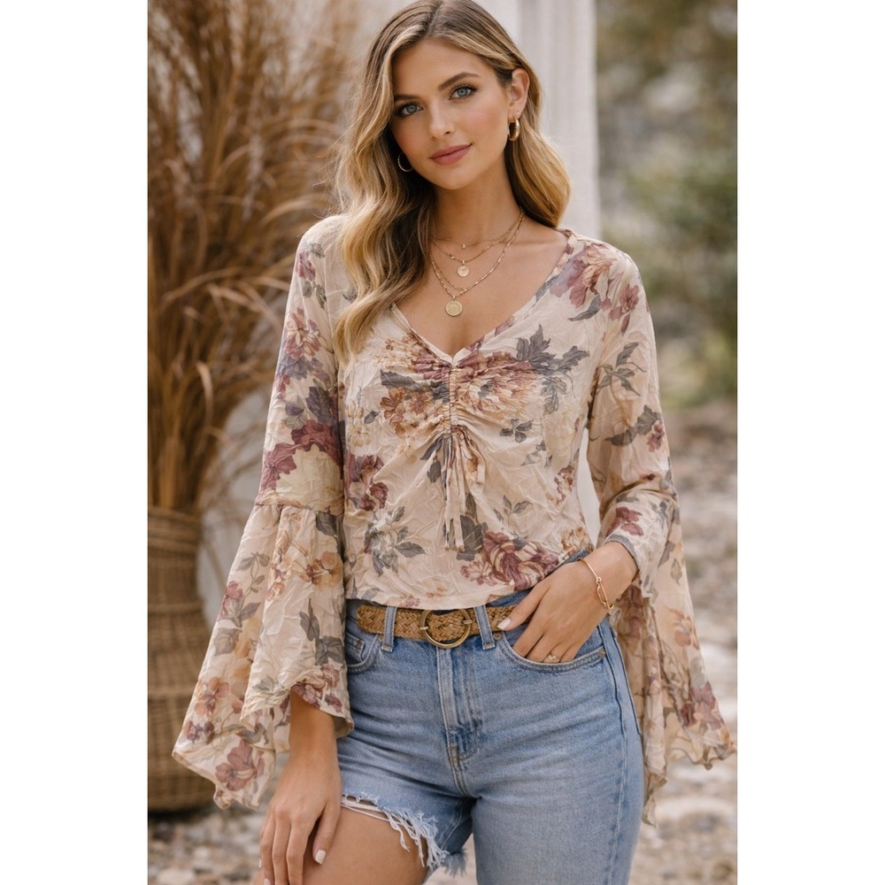 Younique Floral Print Ruched V Neck Bell Sleeve Blouse Top M